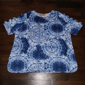 Ruby Rd. Blouse Top Womens 2X Blue White Tie Dye Short Sleeve Polyester Blend